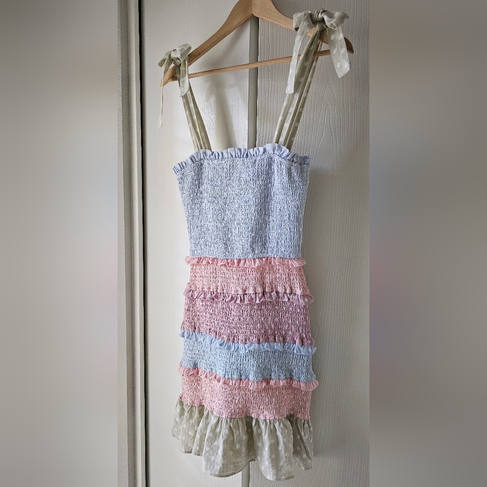 Storia Smocked Pastel Polka Dot Ruffle Spring Mini Dress Sz S - Picture 3 of 12